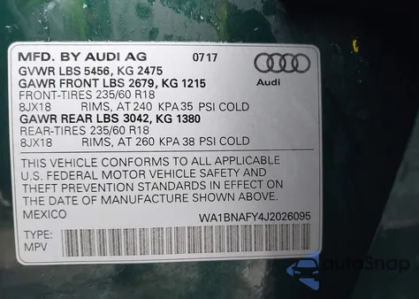 2018 Audi Q5 2.0T Premium/2.0T Tech Premium z USA, uszkodzony, nr VIN WA1BNAFY4J2026095